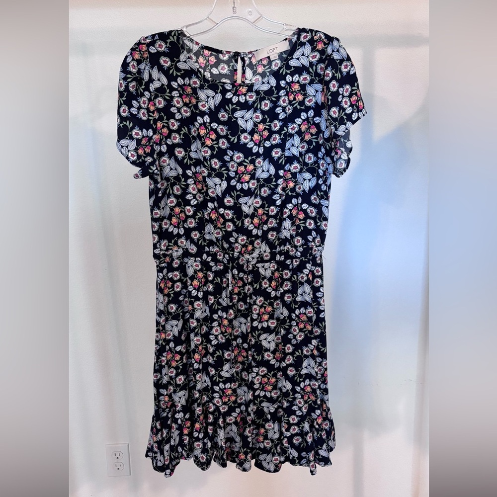 LOFT Pink and White Puff Sleeve A-line Dress